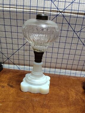Vintage Milk Glass Table Lamp with Clear Pressed Glass Shade